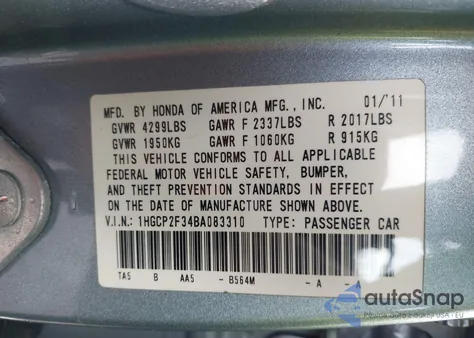 2011 Honda Accord 2.4 Lx from USA, damaged, VIN 1HGCP2F34BA083310